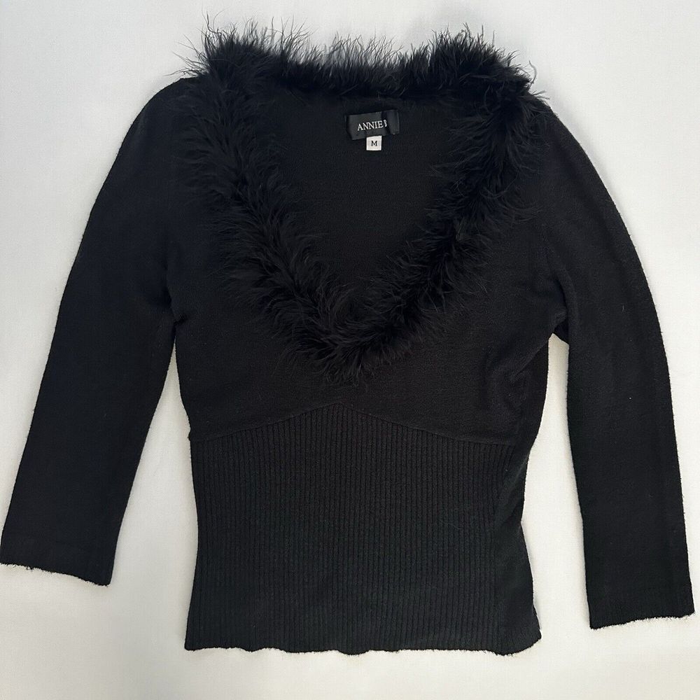 Annie B 90s Womens Feather Neckline Top Black Sz M Y2K Clubwear Top Made in USA